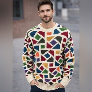 Vintage Boston Traders Artsy Retro Geometric Linen Blend‎ Sweater 💚 Maximalist